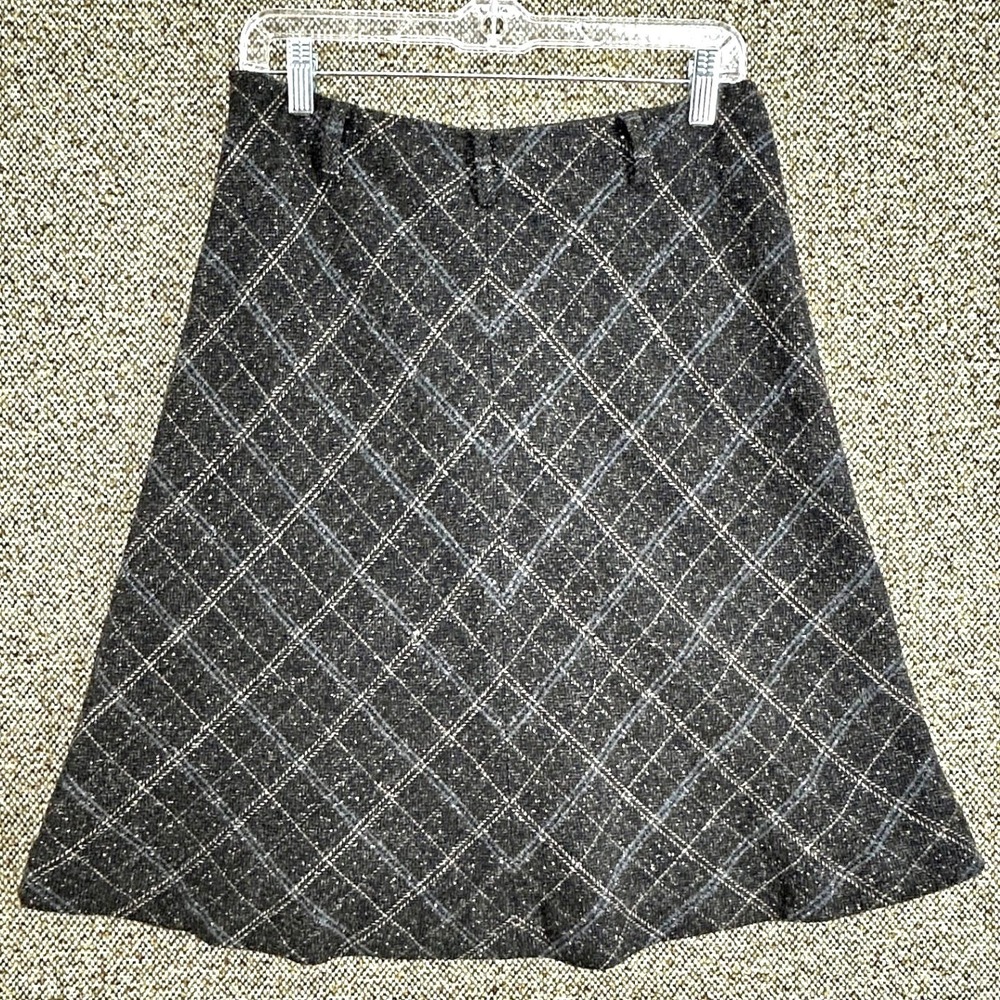 Y2K Fenn Wright Manson Grey Plaid Tweed Wool Blend A-Line Midi Skirt Size 6